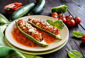 Zucchini-Schiffchen in Tomatensauce